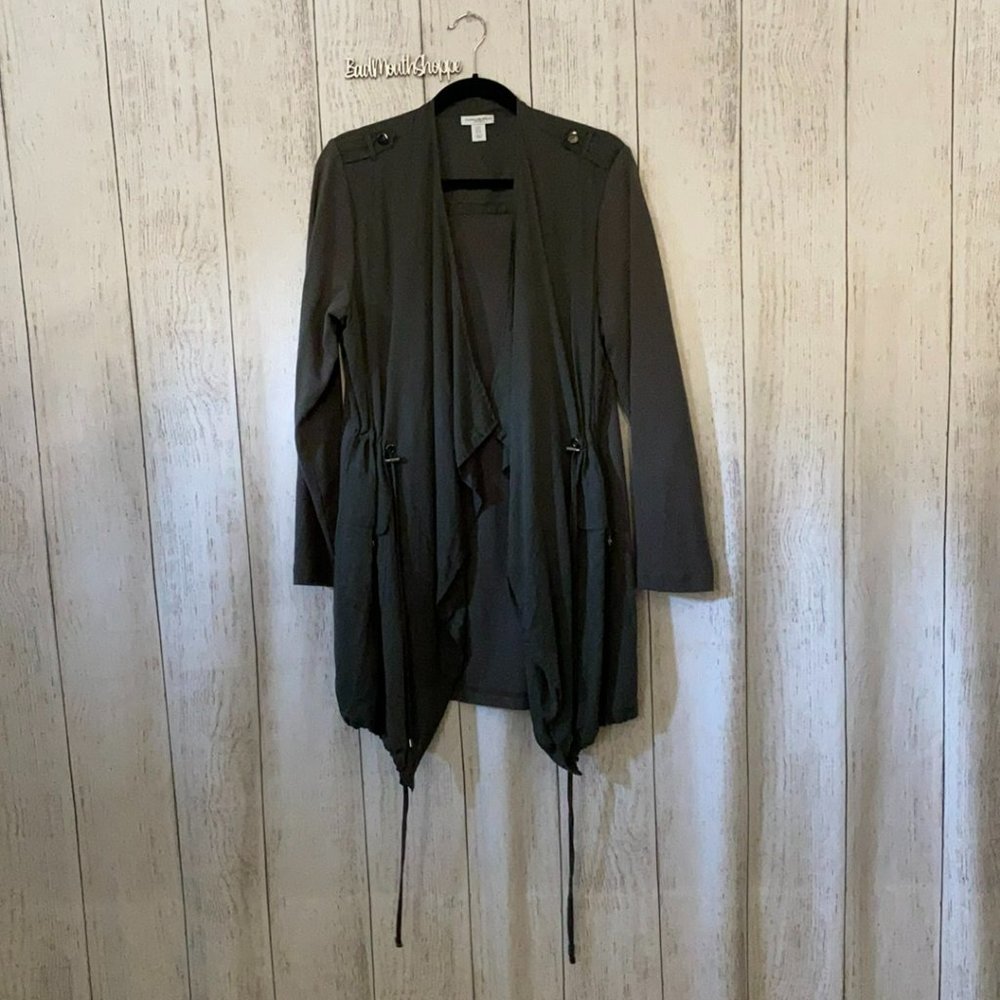 Carolina Belle Dark Grey Open Front Casual Cinched Waist Blazer Top Plus 1X